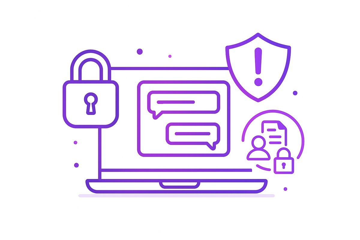 AI adatvédelem és GDPR illusztráció: lakat, figyelmeztető pajzs, személyes adatok védelme