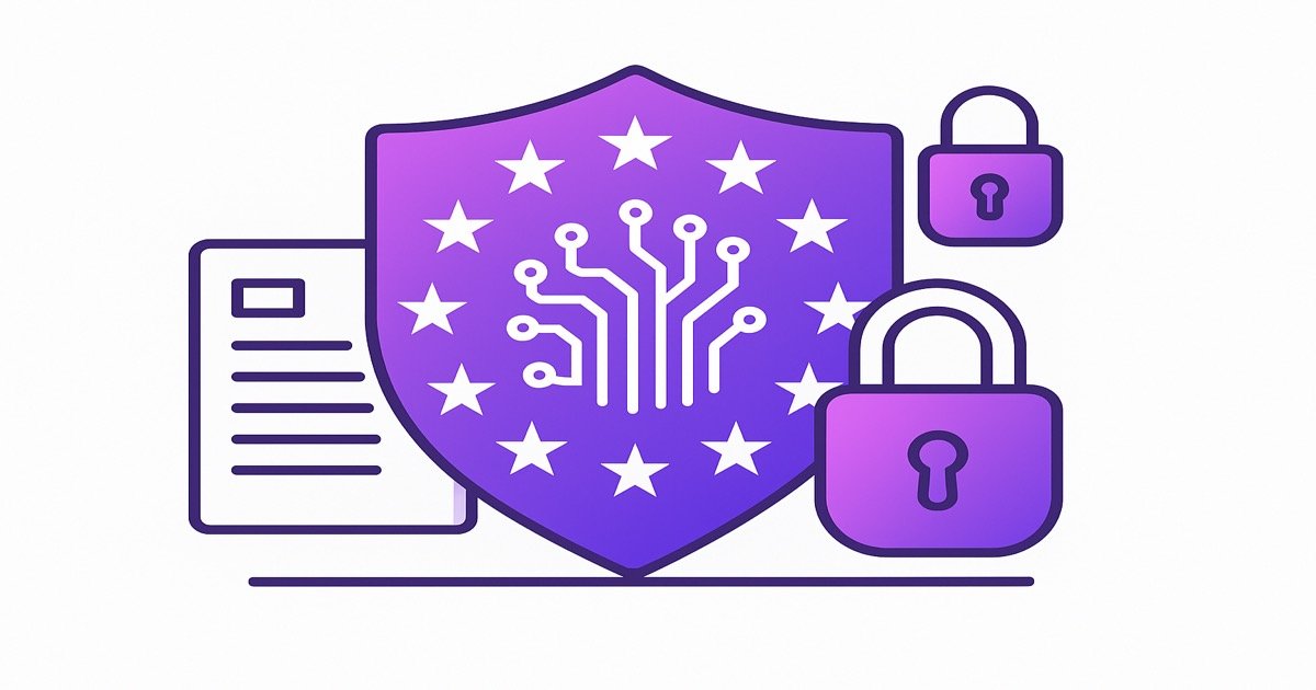 EU AI Act és GDPR szabályozás vizuális illusztráció: pajzs, EU csillagok, áramköri minták