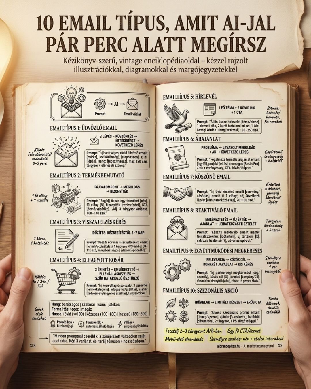 10 email típus, amit AI-jal pár perc alatt megírsz, könyvoldal infografikán
